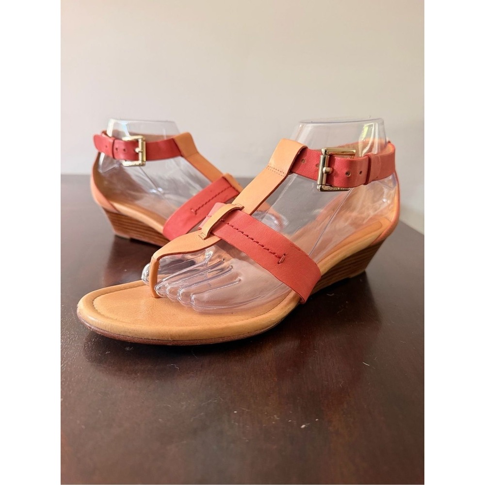 Coach Mandy Leather T-Strap Wedge Sandals Womens 8.5 B Pink Tan Colorblock